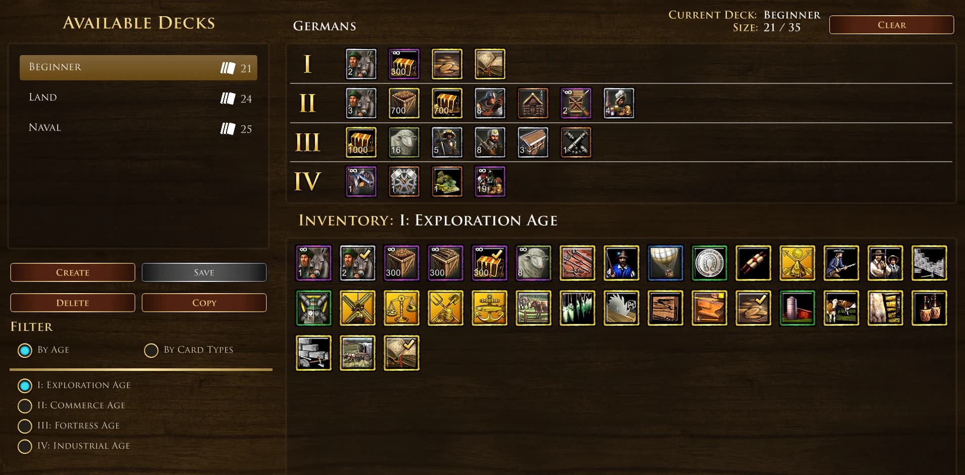 35 cards per deck-some mercenaries reduced pop count and settlers zero pop cost