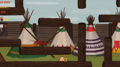 Lucas is crouching and pushing a golden key along in the Fog Log Fury level of Lucas the Game