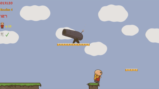The main character jumps from a platform in the Cannons level of Lucas the Game